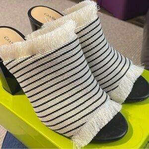 Gianni Bini Black and White Mules with Fringe